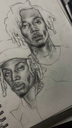 a drawing of two men with dreadlocks on their heads and one wearing a hat