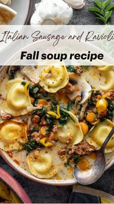 a bowl of pasta with meat and spinach in it next to two plates of garlic bread