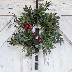 4 Chrome Plated Sleigh Bells on Black Leather on Wreath Lancaster County Pennsylvania, Bell Sound, Reclaimed Wood Frames, Bell Decorations, Sleigh Bells, Brass Bell, Sleigh Bell, Lancaster County, Christmas D