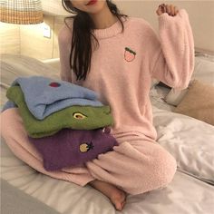 Suits Korean, Cute Pjs, Cute Pajama Sets, Pajama Outfits, Pajama Suit, Pajamas Comfy, Cute Embroidery