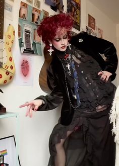 maximalist, maximalism, alt, alternative, new wave, new romantic, post punk, layering, styling, 80s, fashion, style, inspo, inspiration, vivienne westwood, post punk, goth, curly hair, curls, red curl, mullet, girl, woman, androgynous, androgyny, frills, ruffles, texture, personal style, unique, make up, makeup, fun, creative, colourful,, tartan, pinstripe trousers, white shirt, newwave blue tartan tie mesh frilly adam ant newromantic miss hannigan helena bonham carter david bowie rockstar rocker punky , leather tie necklaces chunky jewellery , mad hatter madhatter vintage retro  ugly ties belt chain #newwave #80sstyle #androgynous #newromantic #maximalist suspenders stockings Post Punk Aesthetic, 80s Fashion Style, Mullet Girl, New Wave Fashion, 1980's Makeup, Miss Hannigan, Fashion Style Aesthetic