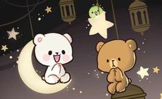 two teddy bears are sitting on top of a pole in front of the moon and stars