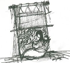 a black and white drawing of a woman sitting in front of a basket on the ground