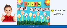 a child's photo with the words never stop growing and flowers in front of it