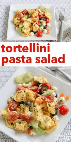 tortelli pasta salad with tomatoes, olives and other vegetables on a white plate