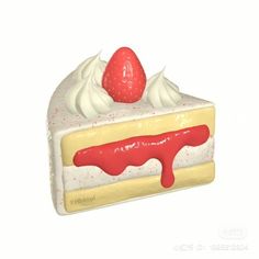 a piece of cake with white frosting and a strawberry on top, is shown