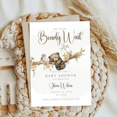 a baby shower card with an owl and teddy bear on it next to a rope basket