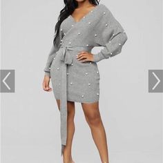 Sweater Dress New Gray Winter Dresses For Night Out, Trendy Sweater Dress For Party In Spring, Trendy Party Sweater Dress For Spring, V-neck Mini Dress For Winter Day Out, Trendy Winter Brunch Dresses, Spring Party Sweater Dress, Winter Mini Dress For Day Out, Winter Mini Dresses For Day Out, Spring Party Mini Sweater Dress