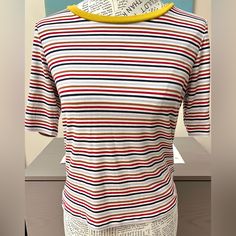 Bb Dakota Ribbed Tee Multicolored Stripes Brown, Rust, Black, Lavender, White & Mustard Crew Neck Large Mannequin Is A Size 6/8 Measurements In The Photos Smoke Free Home Questions, Leave A Comment Below! Retro Striped Ribbed Tops, Retro Ribbed Striped Tops, Retro Ribbed Summer Top, Retro Ribbed Tops For Summer, Summer Striped Tops With Ribbed Neckline, Striped Summer Tops With Ribbed Neckline, Trendy Multicolor Short Sleeve Knit Top, Trendy Color Block Knit Top, Stretch Crew Neck Top With Contrast Stripes