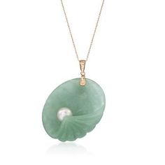 This green jade oyster shell is carved with delicate authenticity. It holds a lustrous 8mm cultured freshwater button pearl and is suspended from a yellow gold rope chain. Item no. 812961 Gold Rope Chains, Oyster Shell, Pearl Pendant Necklace, Yellow Gold Pendants