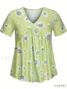 Lasaky - Womens Floral Print V Neck T-Shirt, Stylish Short Sleeve Casual Tee for Spring & Summer, Fashionable Clothing for Women Casual Green Printed Tops, Green Printed V-neck Top, Green Floral Print Tops With Relaxed Fit, Comfortable Fit Short Sleeve Summer Tops, Green Floral Print Short Sleeve Top, Green V-neck Shirt With Graphic Print, Green Comfortable Cotton Top, Green Comfortable Crew Neck Top, Green Comfortable Fit Crew Neck Top