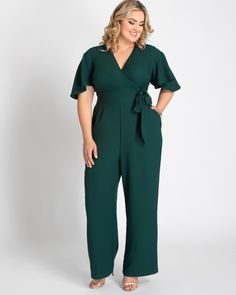 Green Jumpsuit Outfit, Jumpsuit Outfit Wedding, Crepe Jumpsuit, Jumpsuit Outfit, Green Jumpsuit, Surplice Neckline, Hollywood Fashion, Plus Size Jumpsuit, Flutter Sleeves