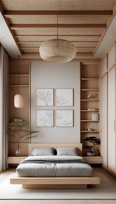 a bed sitting under a wooden ceiling in a bedroom