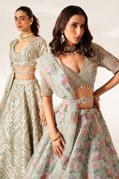 Buy Green Organza Embroidery Sequin V Neck Juliet Floral Bridal Lehenga Set For Women by Studio Iris India Online at Aza Fashions. Floral Bridal Lehenga, Studio Iris, Cancan Lehenga, Laurel Green, Floral Lehenga, Organza Lehenga, Green Lehenga, Gaun Fashion, Padded Blouse