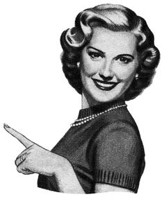 a black and white drawing of a woman pointing to the side with her finger up