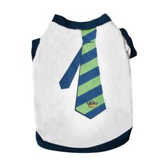 a green and blue striped tie on a white dog t - shirt that has the words,'i love you dad'written on it