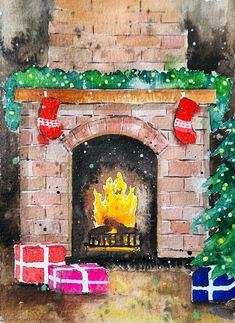 a watercolor painting of a fireplace with presents around it