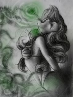 a drawing of a woman with long hair and green eyes is shown in this image