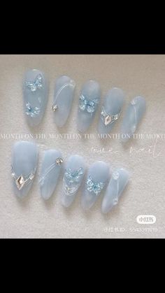 Xv Nails Blue, Manhwa Nails, Butterfly Blue Nails, Butterfly Nails Blue, Butterfly Nails Design, Blue Butterfly Nails, Nails Long Almond, Nails Space, Blue Press On Nails