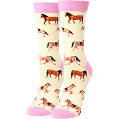 a pair of socks with horses printed on the side and pink toe high socks that say,