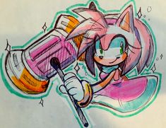 a drawing of sonic the hedgehog holding a toothbrush