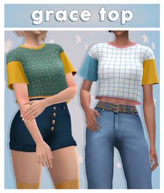 two women standing next to each other with the words grace top in front of them