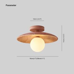 an image of a wooden light fixture with measurements for the size and width, on a gray background