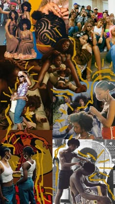 the collage shows different images of people in various outfits and colors, with one woman dancing