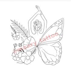 a drawing of a butterfly with flowers on it's wings, and a bottle of honey