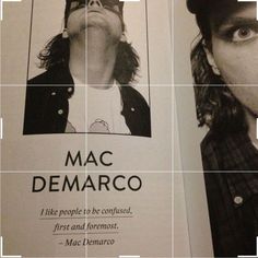 an advertisement for mac demarco is shown in black and white, with the same man's face