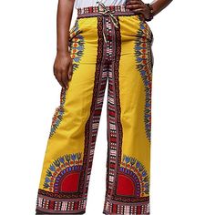 High Rise Leg Style Wide Handmade: Handcrafted By Experienced Garment Workers, Made Of 100% African Wax Cotton, African Batiks Pants Ethnic Customs, Dashiki Pants, Party Pants, Print Clothing African Wax Cotton Is Not Stretched, Waste 29 To 31 Inches Hips 36 Inches Length 39 Inches Non-stretch Yellow Cotton Pants, Yellow Wide-leg Harem Pants With Elastic Waistband, Yellow Wide Leg Pants With Elastic Waistband, Non-stretch Yellow Cotton Bottoms, Yellow Elastic Waistband Harem Pants, Casual Yellow Harem Pants With Elastic Waistband, Yellow Bohemian Pants For Vacation, Yellow Bohemian Bottoms For Vacation, Bohemian Yellow Pants For Vacation