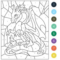 the color by number dragon is shown in black and white with numbers to be added