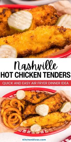 two plates with chicken tenders and onion rings on them, next to the text nashvillee hot chicken tenders