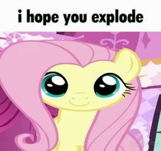 a pink pony with long hair and big eyes looking at the camera, text reads i hope you explode