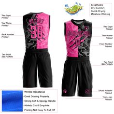 Custom Graffiti Pattern Pink-Black Scratch Round Neck Sublimation Basketball Suit Jersey Black Sleeveless Top With Sublimation Print, Sleeveless Basketball Sublimation T-shirt With Graphic Print, Black Basketball Sublimation Design With Graphic Print, Black Sublimation Design With Team Name For Basketball, Black Breathable Basketball Jersey, Black Breathable Sleeveless Jersey, Black Sleeveless Breathable Jersey, Black Sublimation T-shirt For Team Events, Black Sublimation Design T-shirt For Team Events