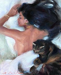 a painting of a woman laying on top of a cat