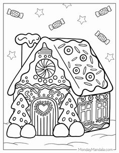 a coloring page with a gingerbread house