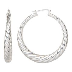 Twisted round hoop earrings have been a staple for decades and there is good reason! The design is classic and flattering to all. These sterling silver earrings were electroformed, making them lightweight and comfortable to wear. Elegant Hoop Earrings With Sterling Silver Clasp, Silver Hoop Jewelry With Lobster Clasp, Nickel-free Spiral Hoop Earrings Elegant Style, Fire Mountain Gems, Fire Mountain Gems And Beads, Earring Gifts, Sterling Silver Earrings, Silver Earrings, Hoop Earrings