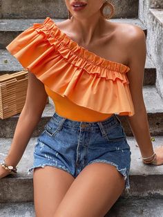 Orange Ruffle Top, Ruffle Trim Top, Girls Dress Outfits, Fashion Days, Trim Top, One Shoulder Tops, Dress Sewing Patterns, Classic Outfits