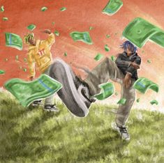 a drawing of two people in the grass with money falling from them