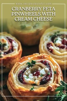 cranberry feta pinwheels with cream cheese on a wooden board and text overlay that reads, cranberry feta pinwheels with cream cheese