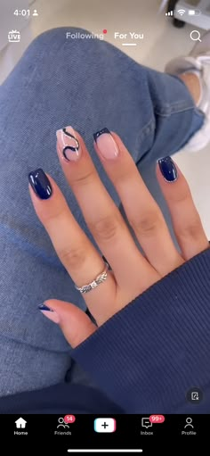 Nails Design With Natural Nails, Short Nail Art Minimalist, French Tip With Solid Nail, Nails With One French Tip, Navy Biab Nails, Hoco Nails For Dark Blue Dress, Xs Nails Designs, Short Acrylic Square Nails Designs, Acrylic Nail Designs January