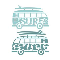 a van with surfboards on top and the words surf above it in blue stencil