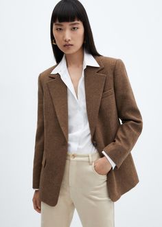 Herringbone wool-blend blazer - Woman | MANGO USA Other Stories Oversized Wool Blazer, Athleta Eastbound Blazer, Womens Blazers Uk, Affordable Classic Cotton Blazer, Casual Brown Blazer, Loft Herringbone Blazer, Arket Blazer, Mango Outlet, Lapel Blazer