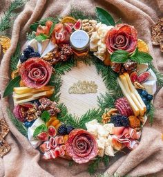 a wreath made out of different types of food