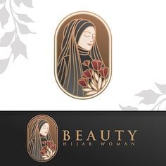 a woman with long hair holding flowers in her hands logo design for beauty, hijab women