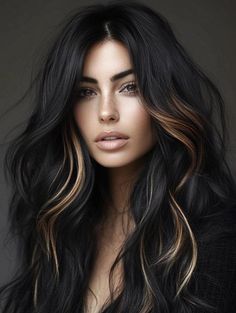 Ombre Black Hair, Black Hair Natural, Black Hair Color Ideas, Deep Black Hair, Soft Black Hair, Hair Color Idea, Black Curls, Blonde Streaks