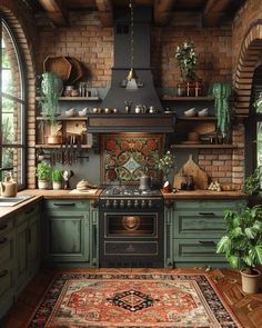 an old fashioned kitchen with green painted cabinets and brick walls, potted plants on the stove