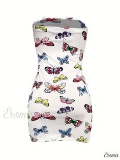 Eromis - Enchanting Butterfly Print Bodycon Tube Dress for Spring and Summer Seasons - Stylish Backless Attire for Women Fitted Butterfly Print Beach Dress, White Butterfly Print Dress For Party, Fitted Multicolor Butterfly Print Dress, Tube Dress, Summer Season, Butterfly Print, Off The Shoulder, Dress Length, Types Of Sleeves