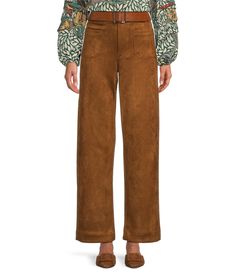 From Gibson & Latimer&#x2C; these pants feature: Faux Suede Fabrication Flat Front SilhouetteStraight Wide Leg SilhouetteHigh Rise WaistlineFunctional Quarter Top PocketsBelted with Wide Textured Band and Metal Hardware Just Below the Ankle Length Front Button with Zipper ClosureApprox. 29" InseamPolyester/SpandexProfessional Dry Cleaning&#x2C; Remove belt before cleaningImported. Brown Jeans, Suede Pants, Suede Belt, Ponte Pants, Ankle Pants, Dillard's, Metal Hardware, Gibson, Ankle Length